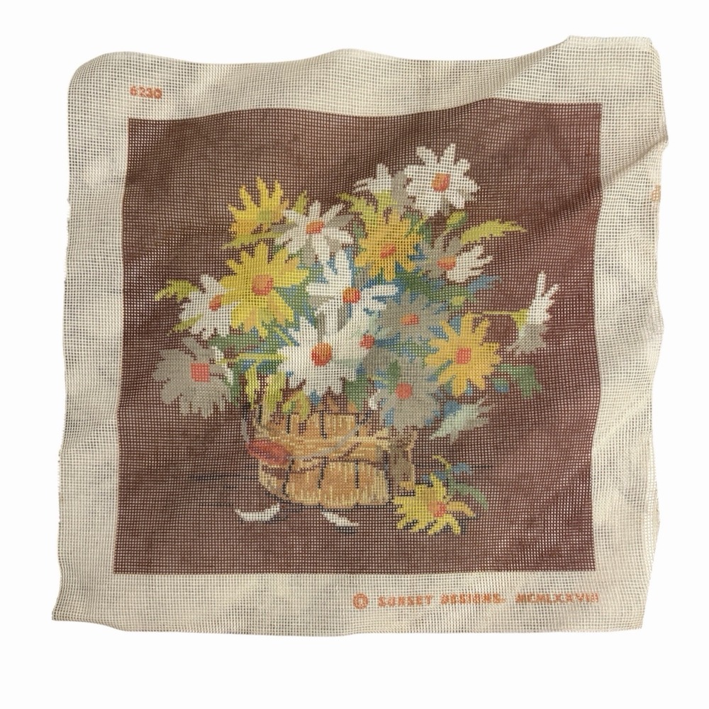 Needlepoint Canvas 1970s Vintage Sunset Bouquet Of Flowers Daisies Retro Floral